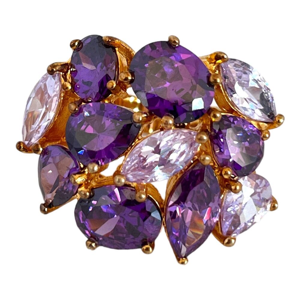 Vintage 1990s Joan Rivers Crystal Cluster Ring Purple Gold Tone Size 5 - 5Z